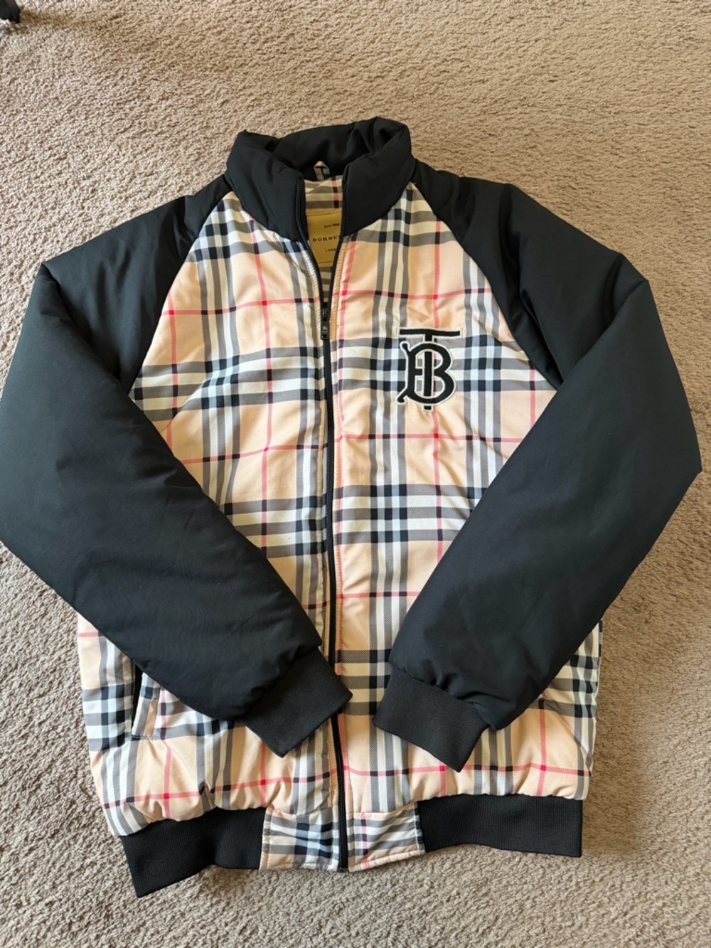 Burberry Plaid Lined Jacket in Beige, Black and Red